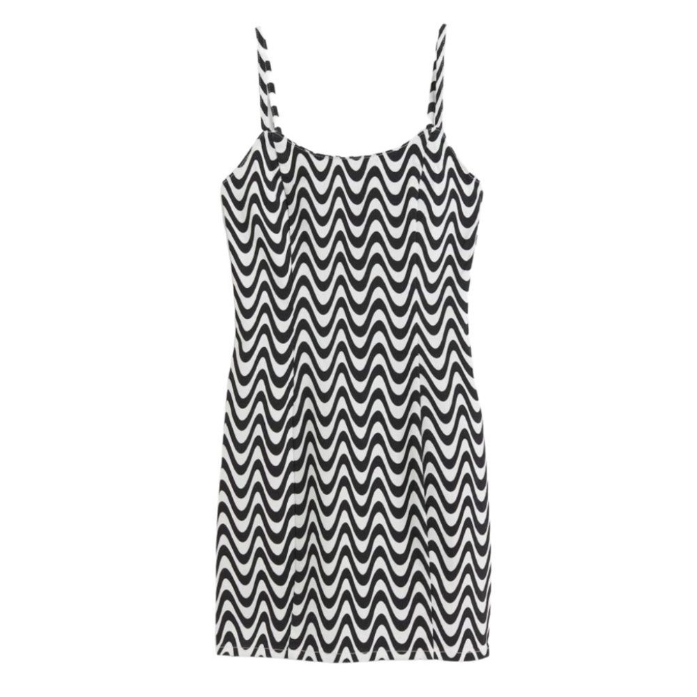 H&M Retro Black & White Wavy Stripe Print Fitted Dress Size M
